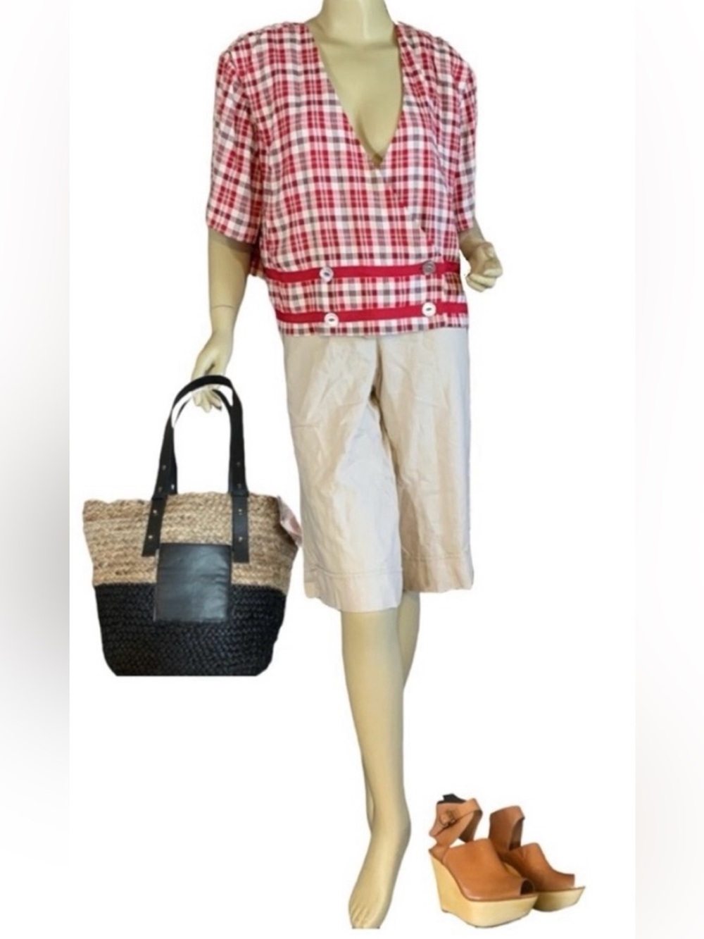 VINTAGE 1990'S CROPPED WRAP POSITIVE ATTITUDE RED PLAID BLOUSE (2X)